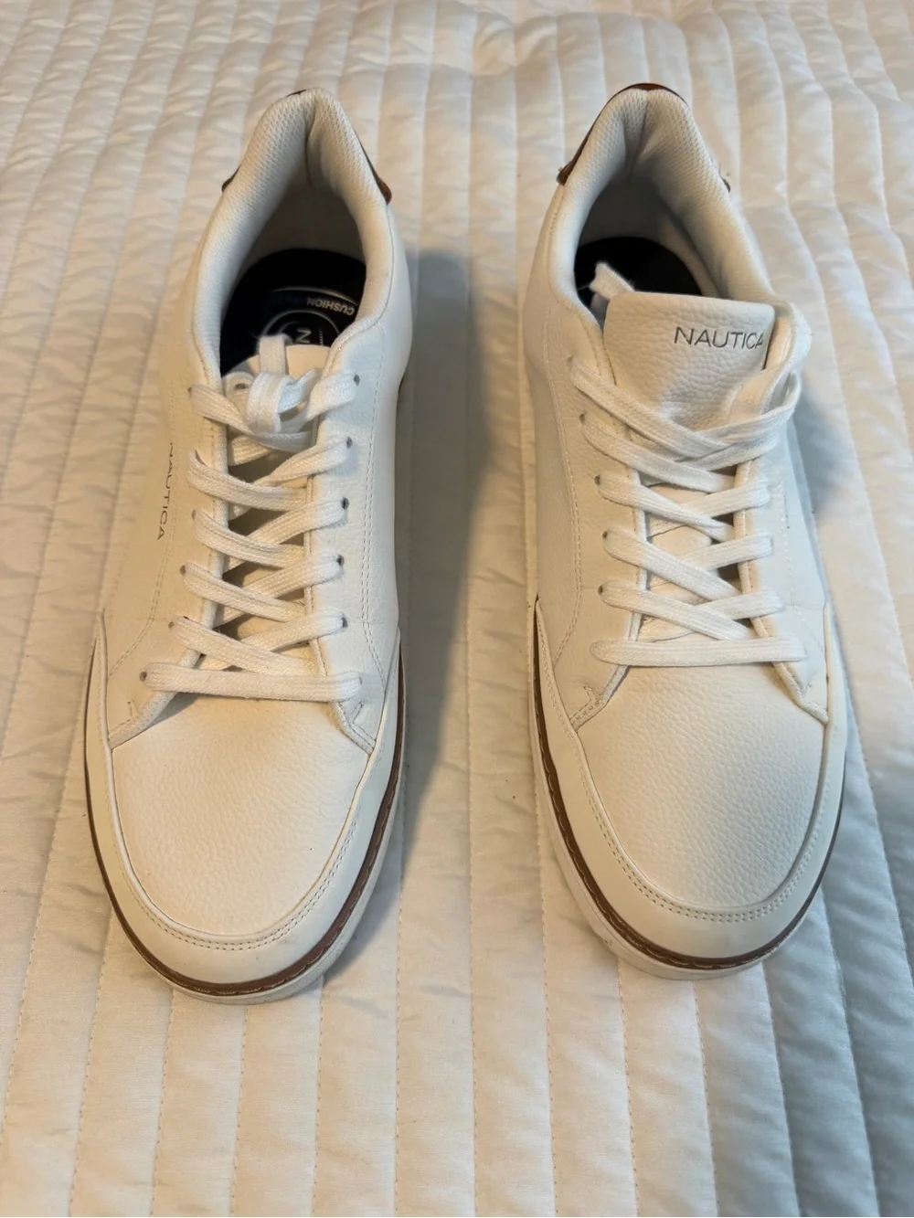 Nautica Men’s White Low-Top Sneaker with Brown Heel